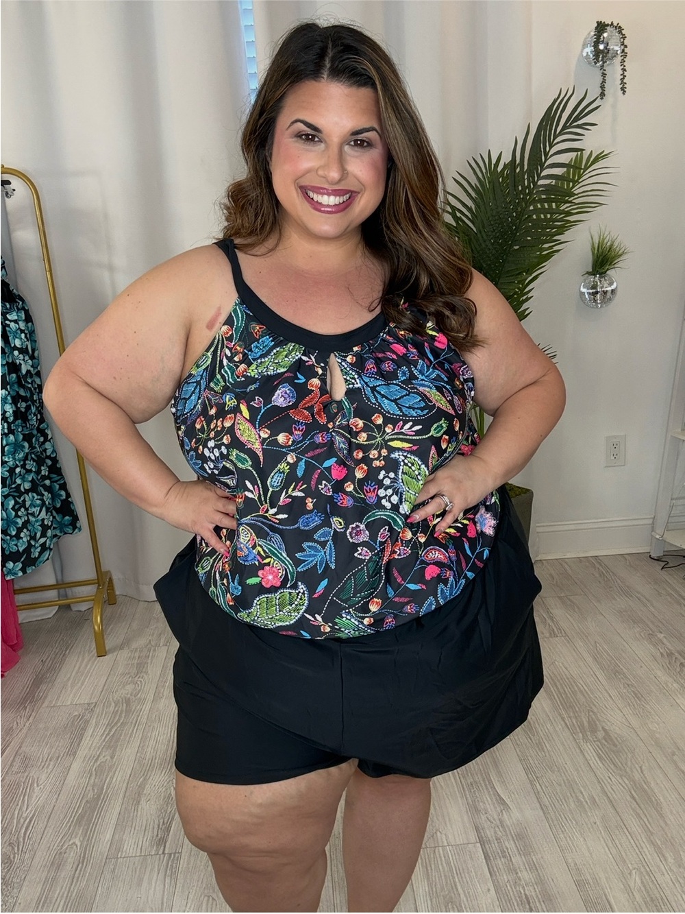 Plus Size Black Floral Swim Romper with Keyhole Detail